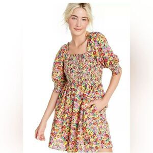 RIXO for Target Rainbow Floral Puff Sleeve Smocked Bodice Dress Size XS NWOT